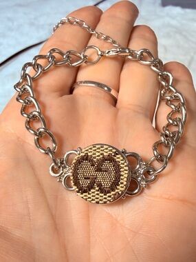 Gucci upcycled Silver Chain bracelet with Brown Woven Logo Medallion charm